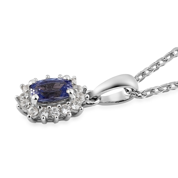 Tanzanite Natural White Zircon Halo Pendant Platinum over .925 Silver - Picture 7 of 16